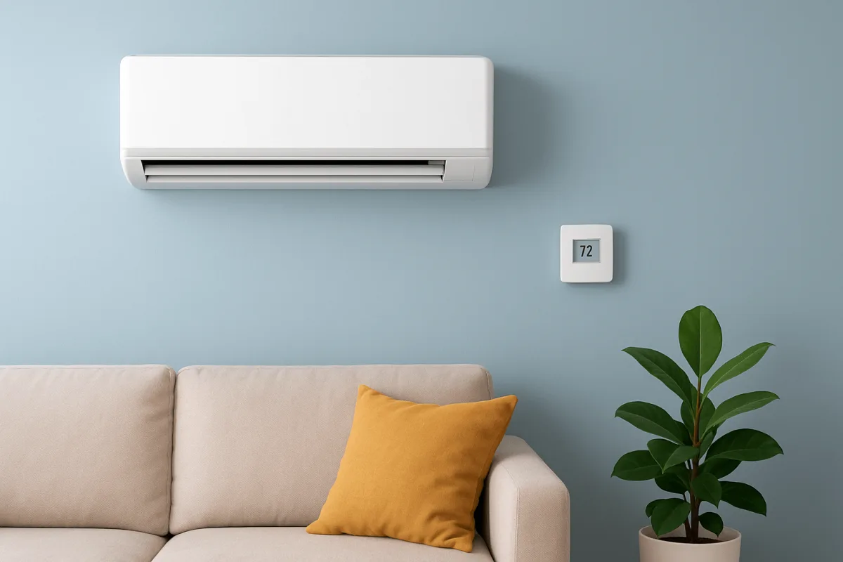 Disadvantages of mini split systems — wall-mounted ductless indoor head in a living room