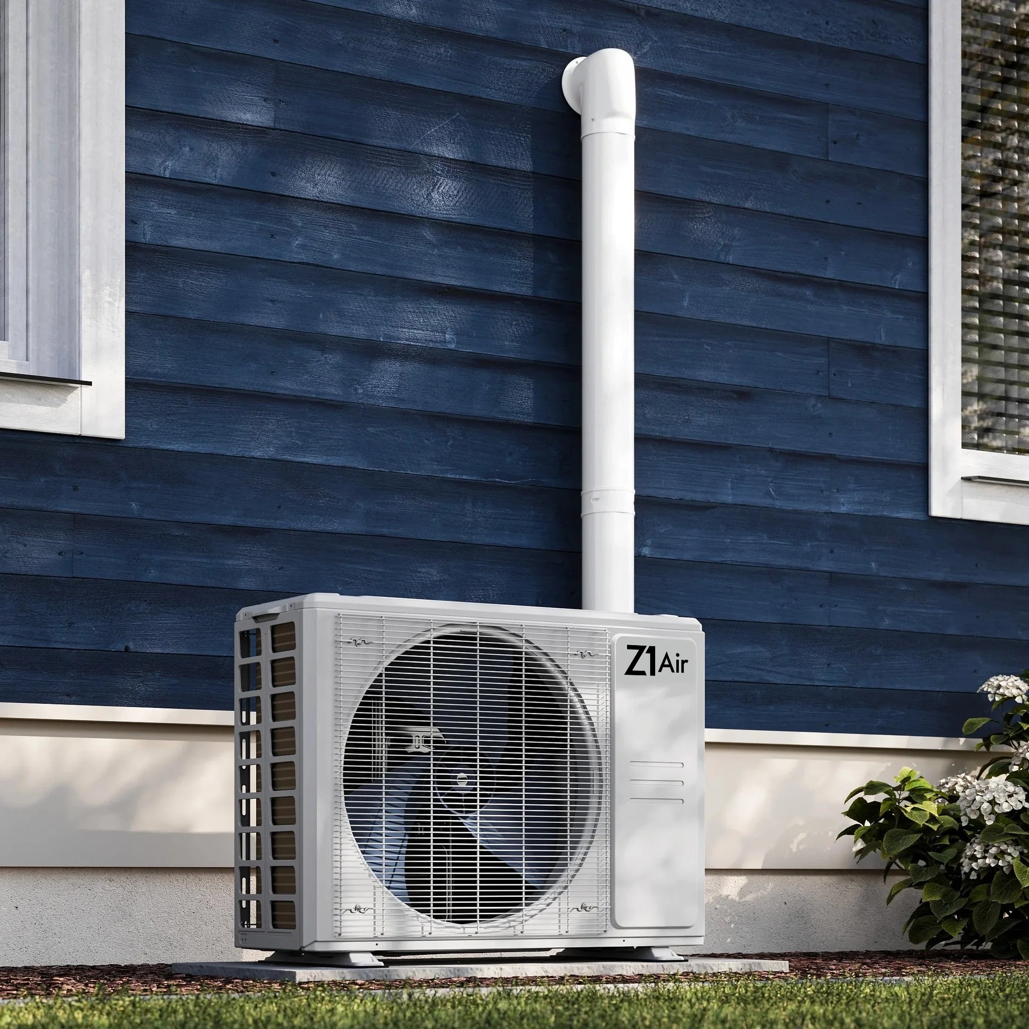 Zone Air outdoor condenser unit installed on a home's exterior wall with line-set cover